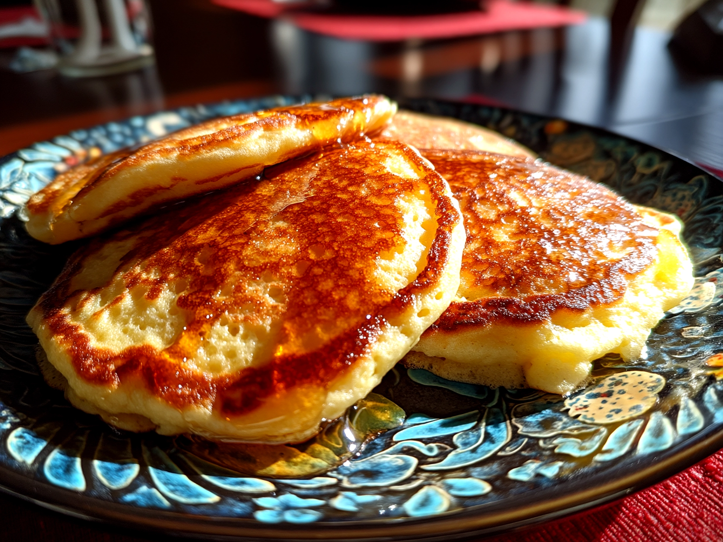 Close up of finished homemade sourdough discard pancakes