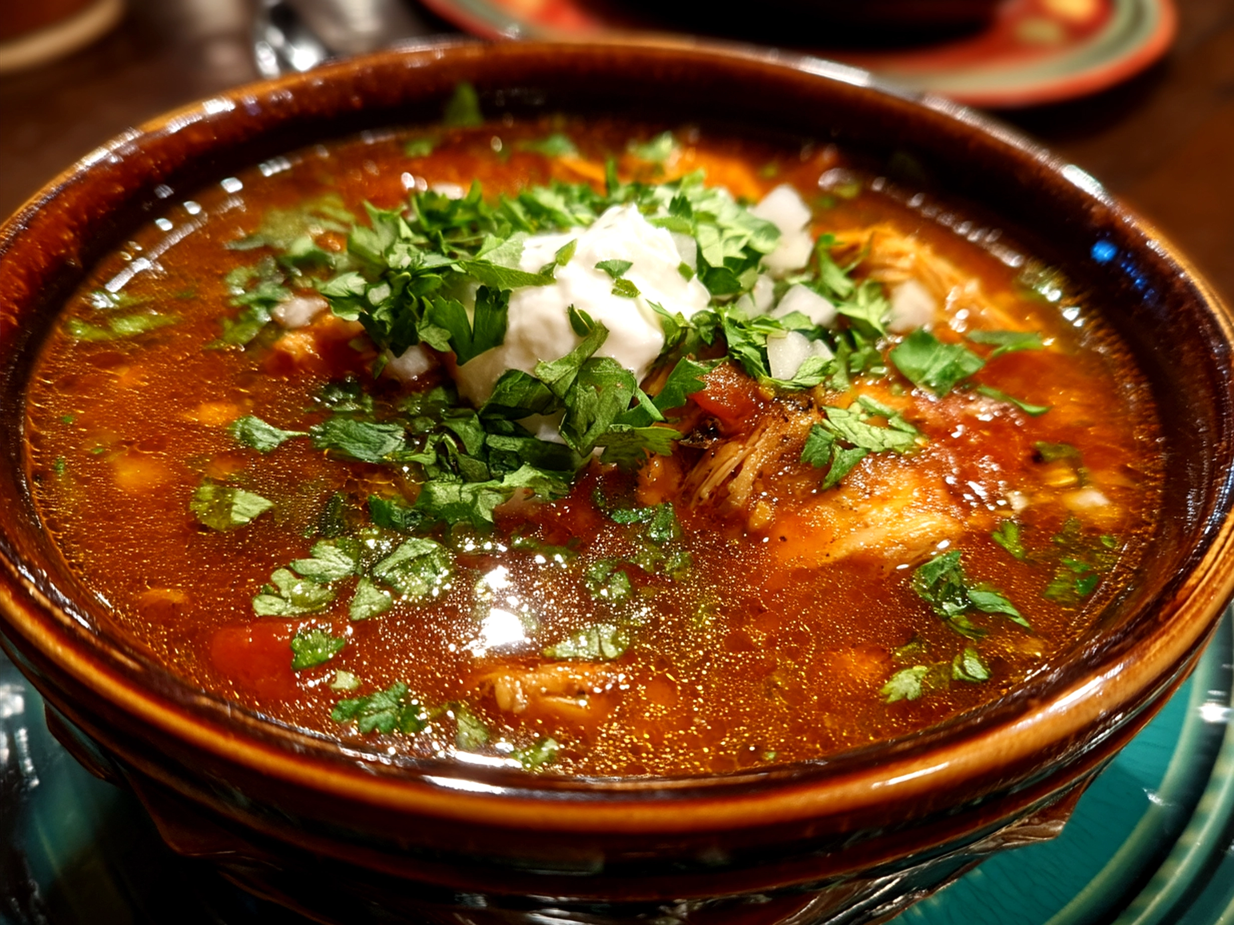 Serving of Slow Cooker Chicken Posole with cilantro and lime wedges