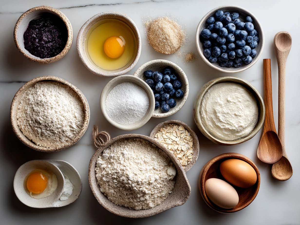 Ingredients for Sourdough Blueberry Breakfast Bars laid out on a table