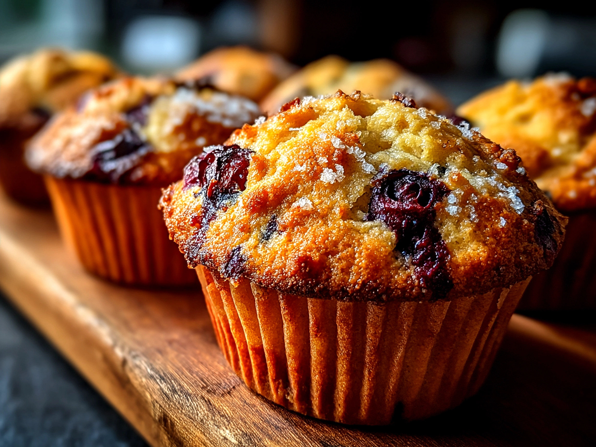 Freshly baked sourdough blueberry muffins served on a plate, ready to eat