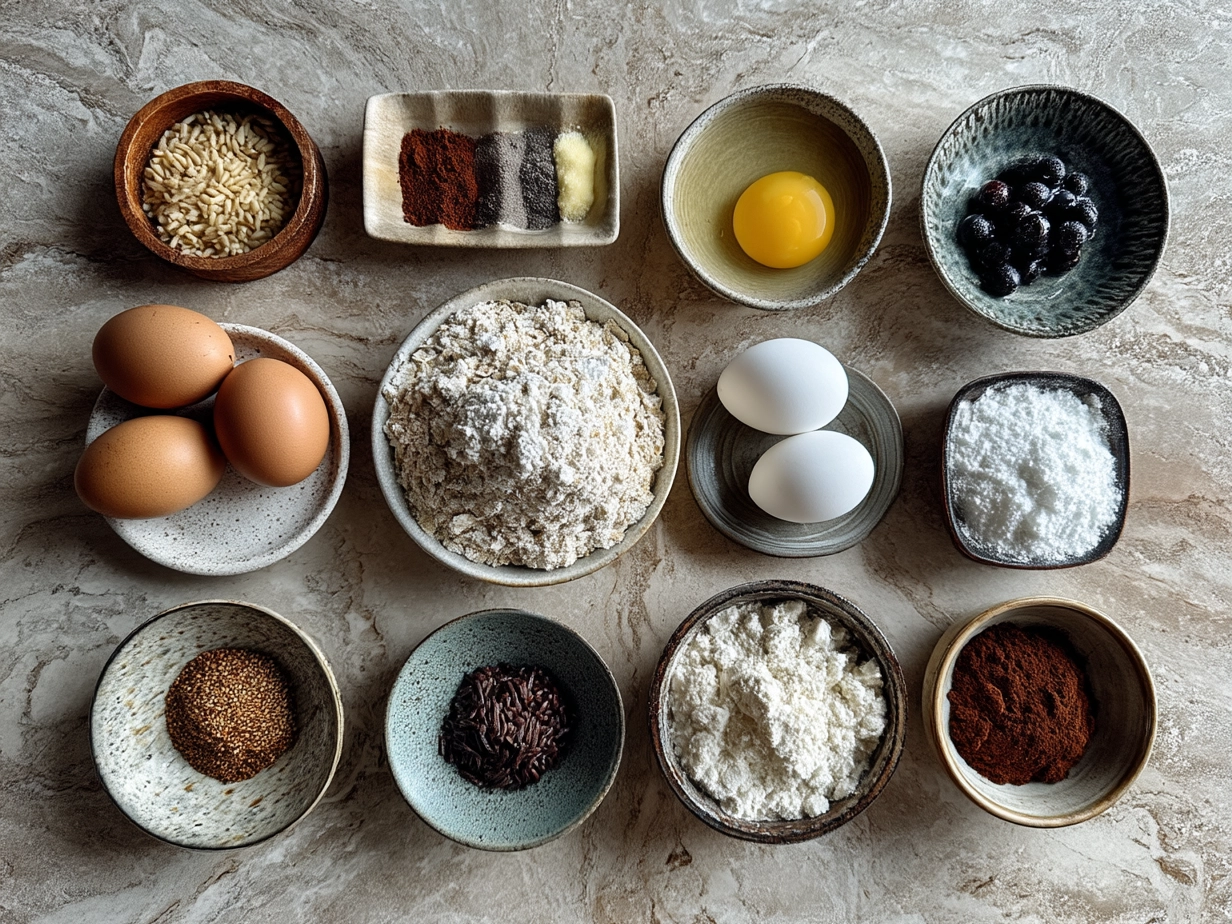 Ingredients for sourdough blueberry muffins including flour, eggs, milk, blueberries, and sourdough starter
