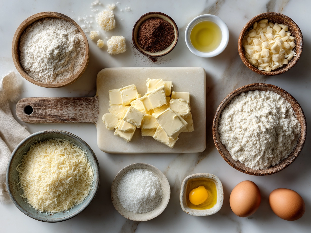 Ingredients for making Sourdough Cheez-It Crackers including sourdough starter, flour, cheddar cheese, baking soda, salt, and butter
