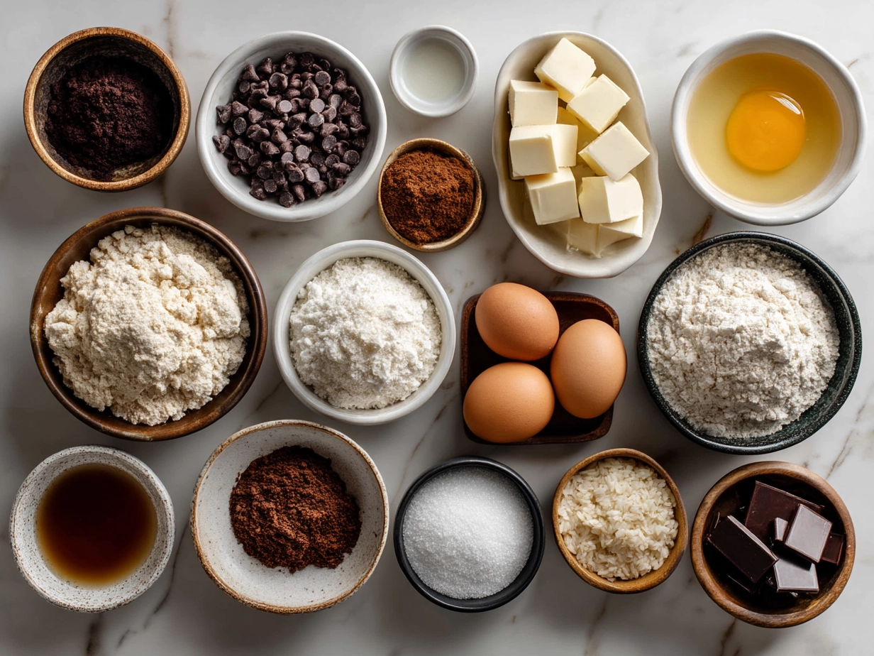 Ingredients for sourdough chocolate chip muffins laid out on a wooden table