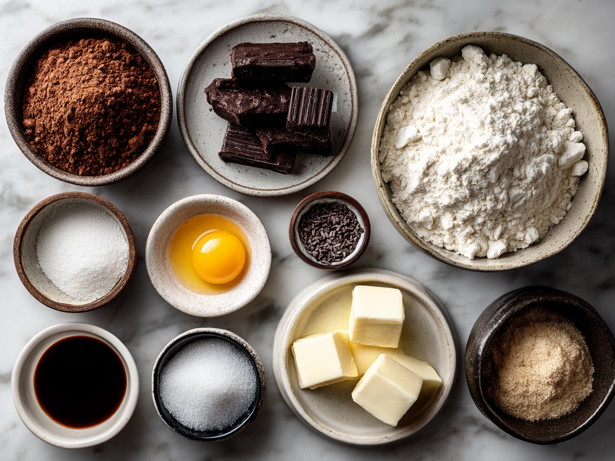 Ingredients for Sourdough Discard Brownies Recipe including cocoa powder, flour, sugar, and sourdough discard