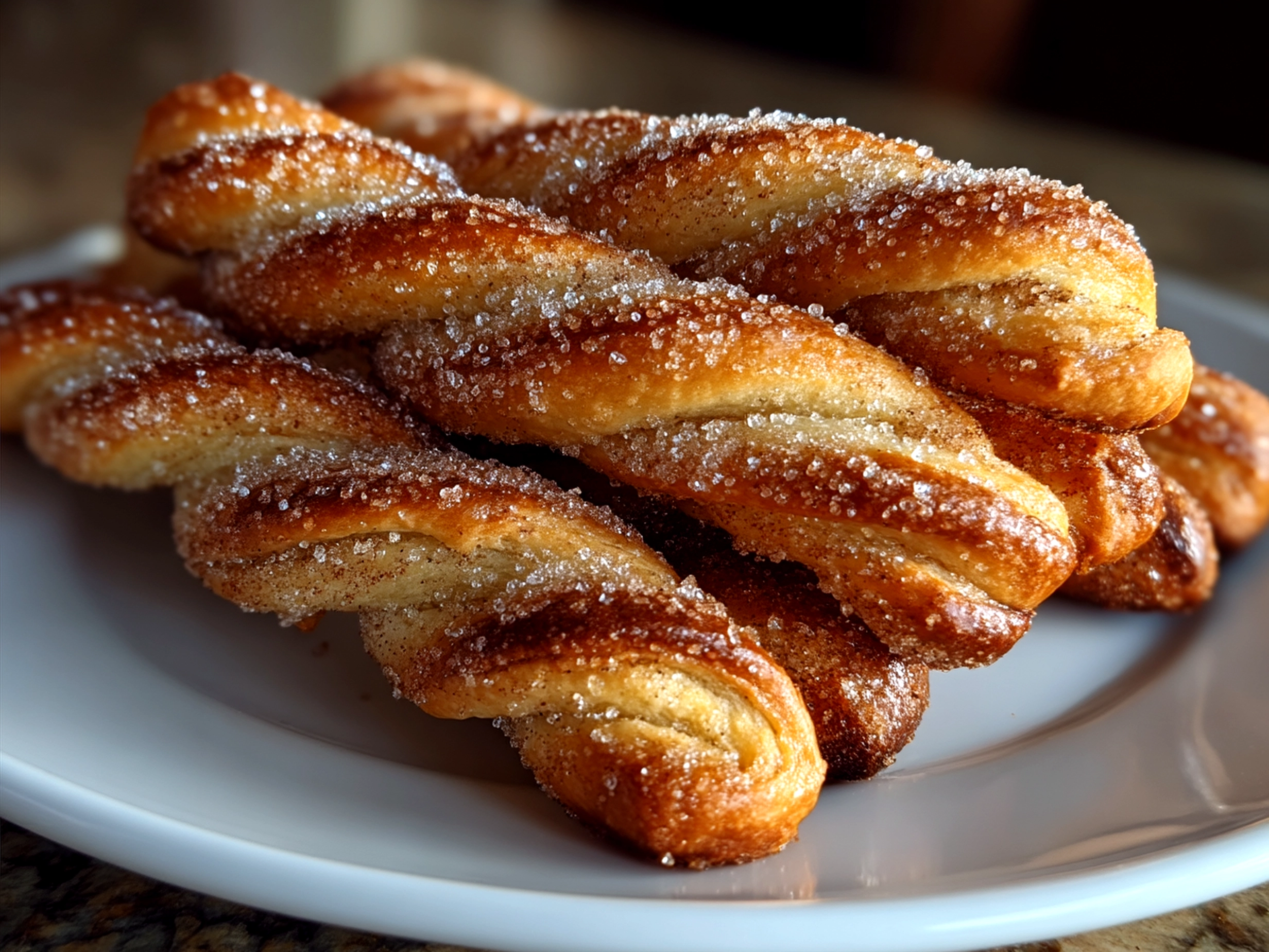 Sourdough Discard Cinnamon Sugar Twists served on a plate ready to enjoy as a snack