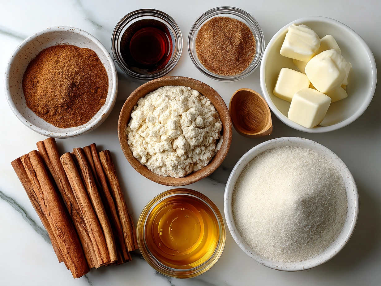 Ingredients for Sourdough Discard Cinnamon Sugar Twists including sourdough discard, butter, sugars, cinnamon, flour, and vanilla extract
