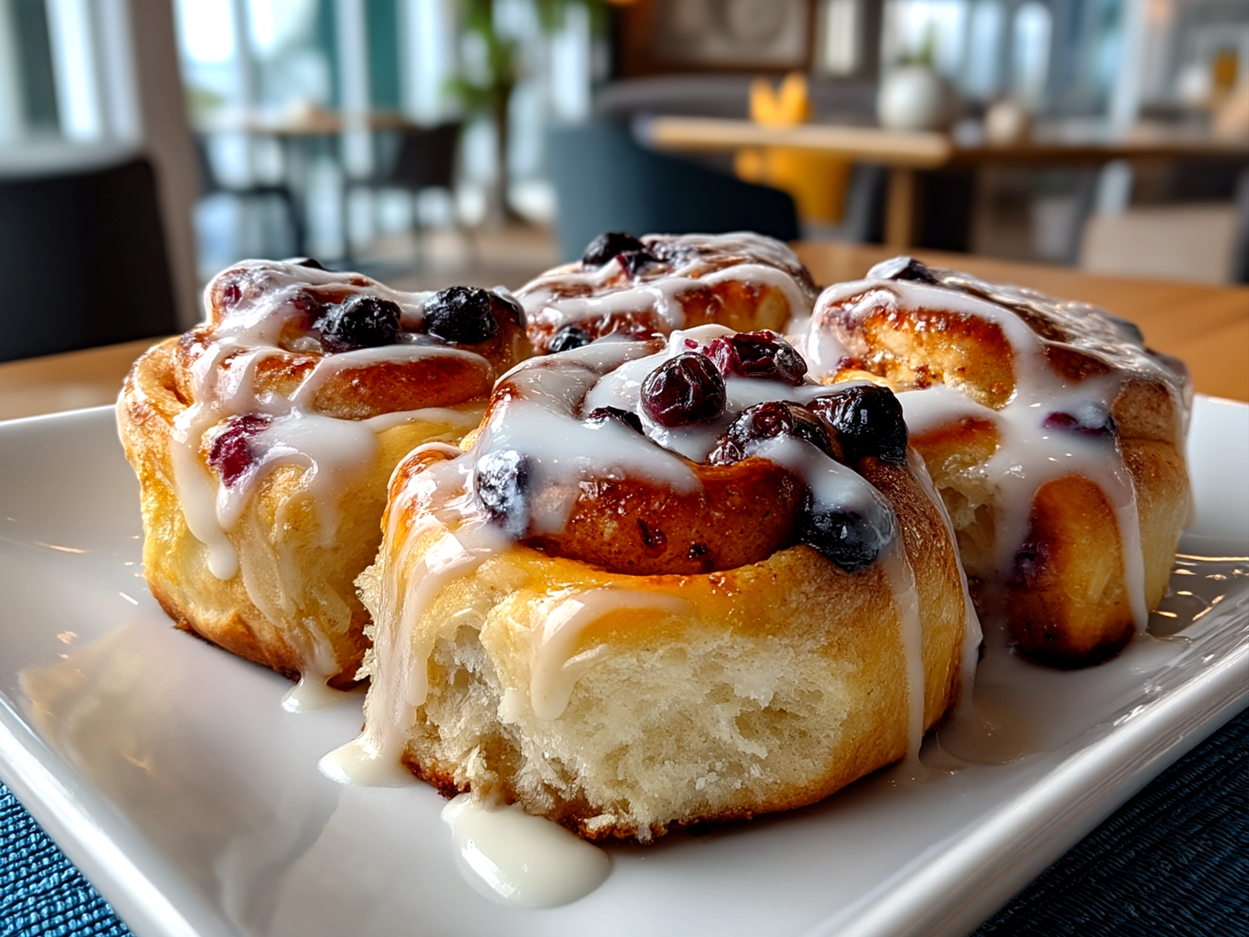 Sourdough Discard Lemon Blueberry Rolls fresh out of the oven glazed and ready to serve