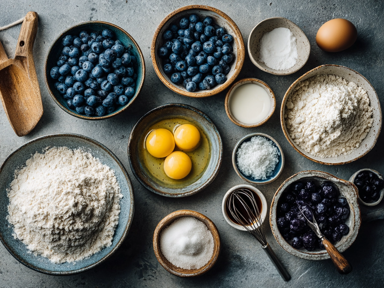 Ingredients for Sourdough Discard Lemon Blueberry Rolls: sourdough discard, flour, sugar, egg, milk, butter, lemon zest, blueberries, and cream cheese glaze components
