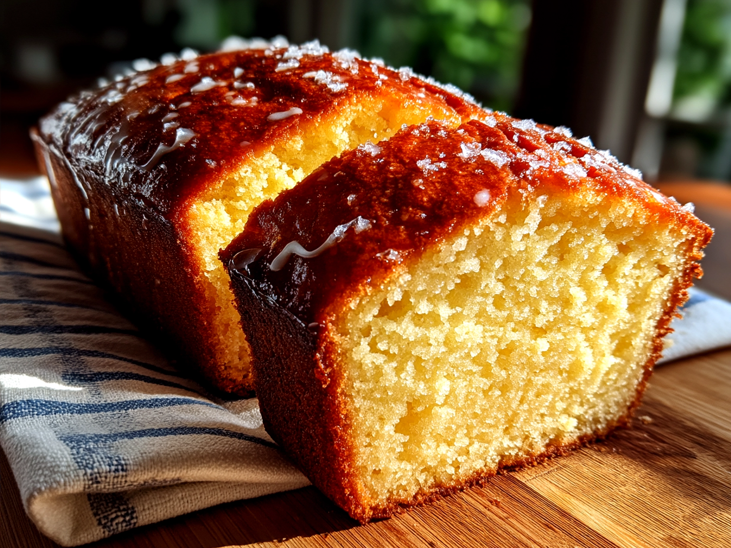Sourdough Discard Lemon Loaf sliced and served with fruit and yogurt