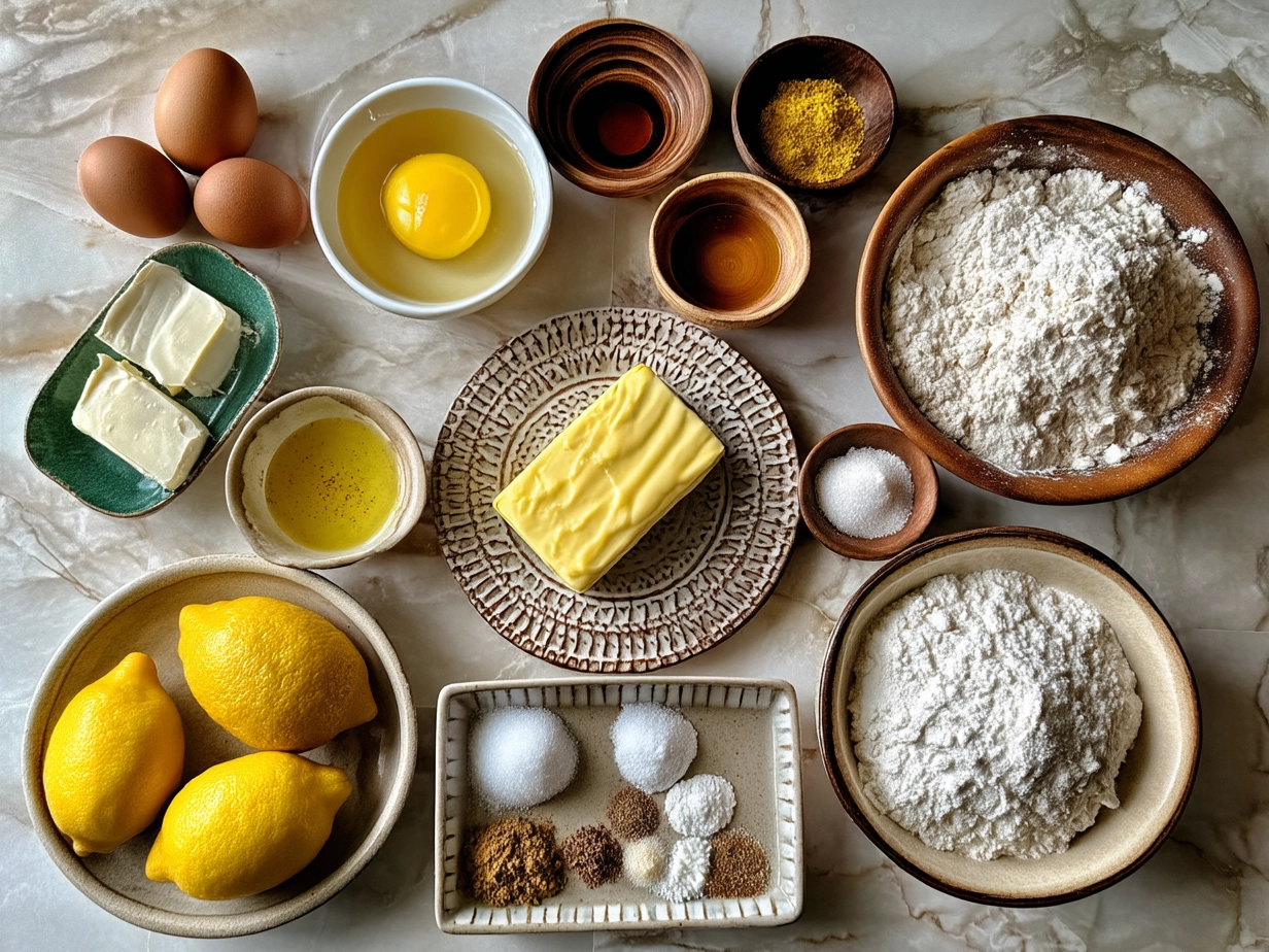 Ingredients for Sourdough Discard Lemon Loaf including sourdough starter, eggs, flour, lemon, and yogurt