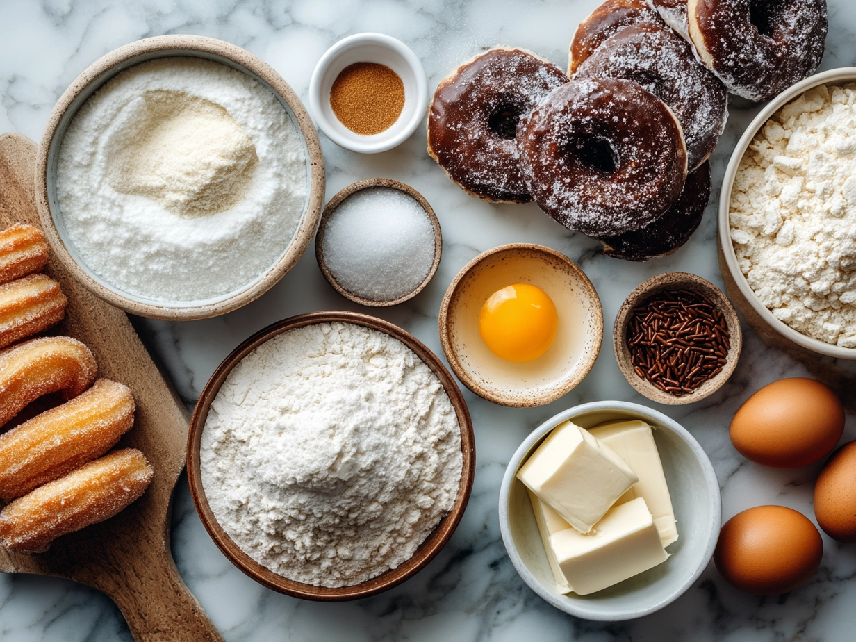Ingredients for sourdough discard sugar donuts including flour, sugar, milk, eggs, and oils