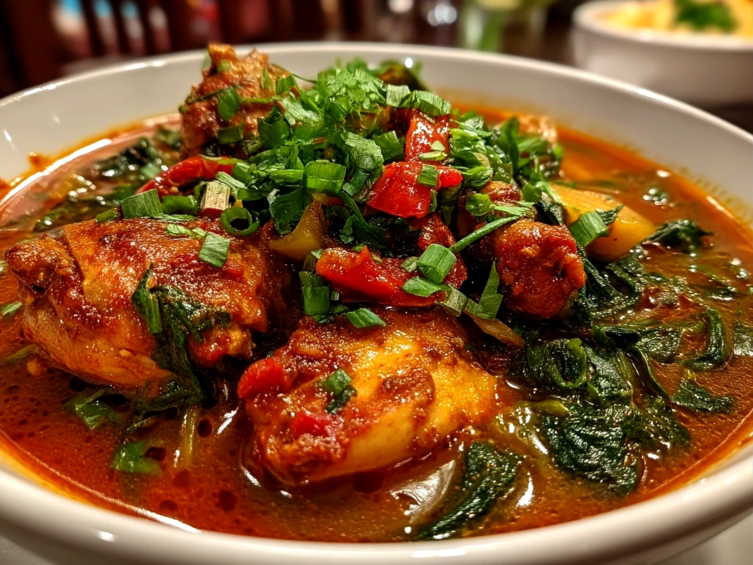 A plate of Spicy Nigerian Chicken Stew served over rice with fresh herbs
