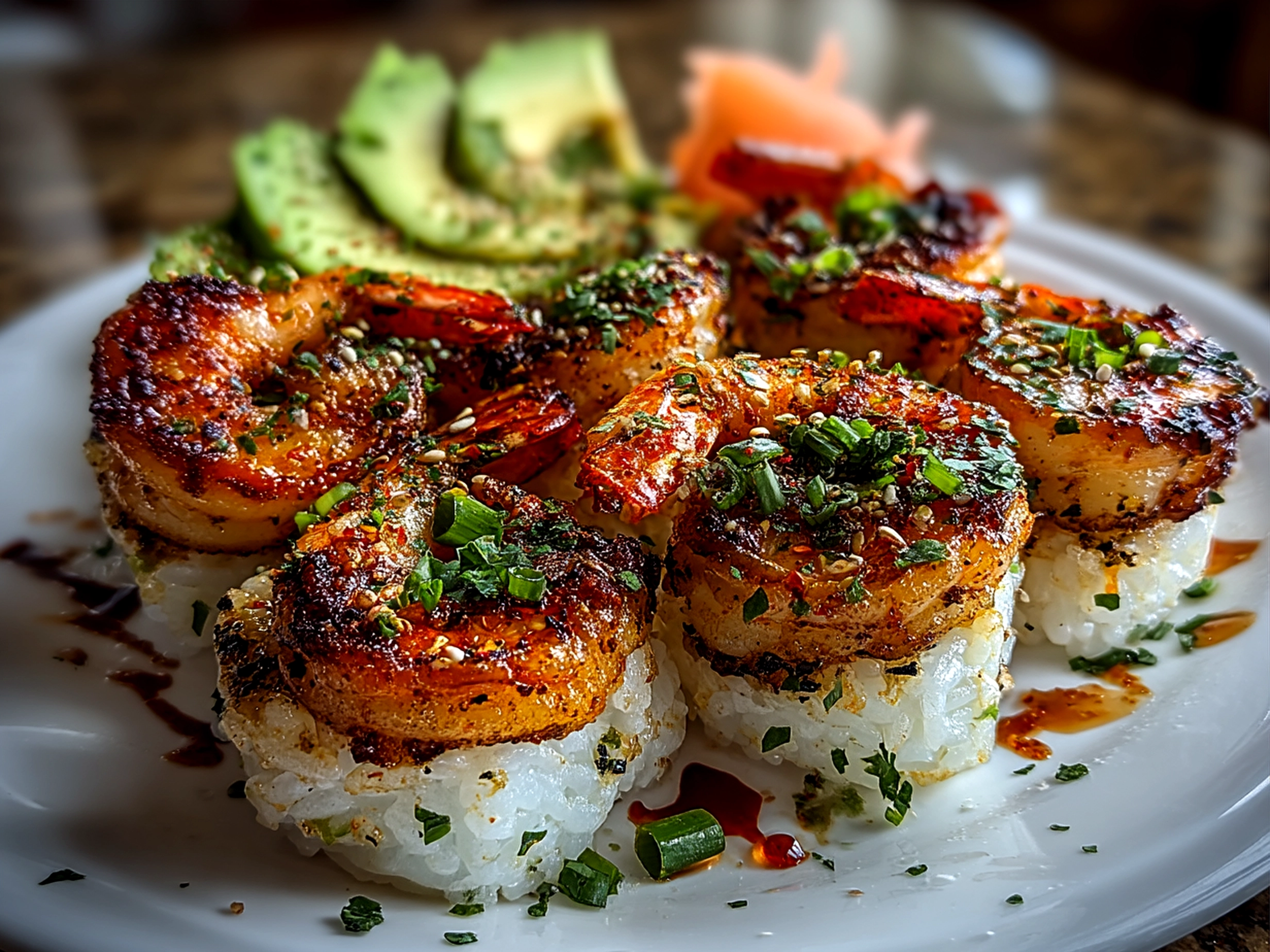 Finished Spicy Shrimp Sushi Stacks plated with sesame seeds and avocado slices
