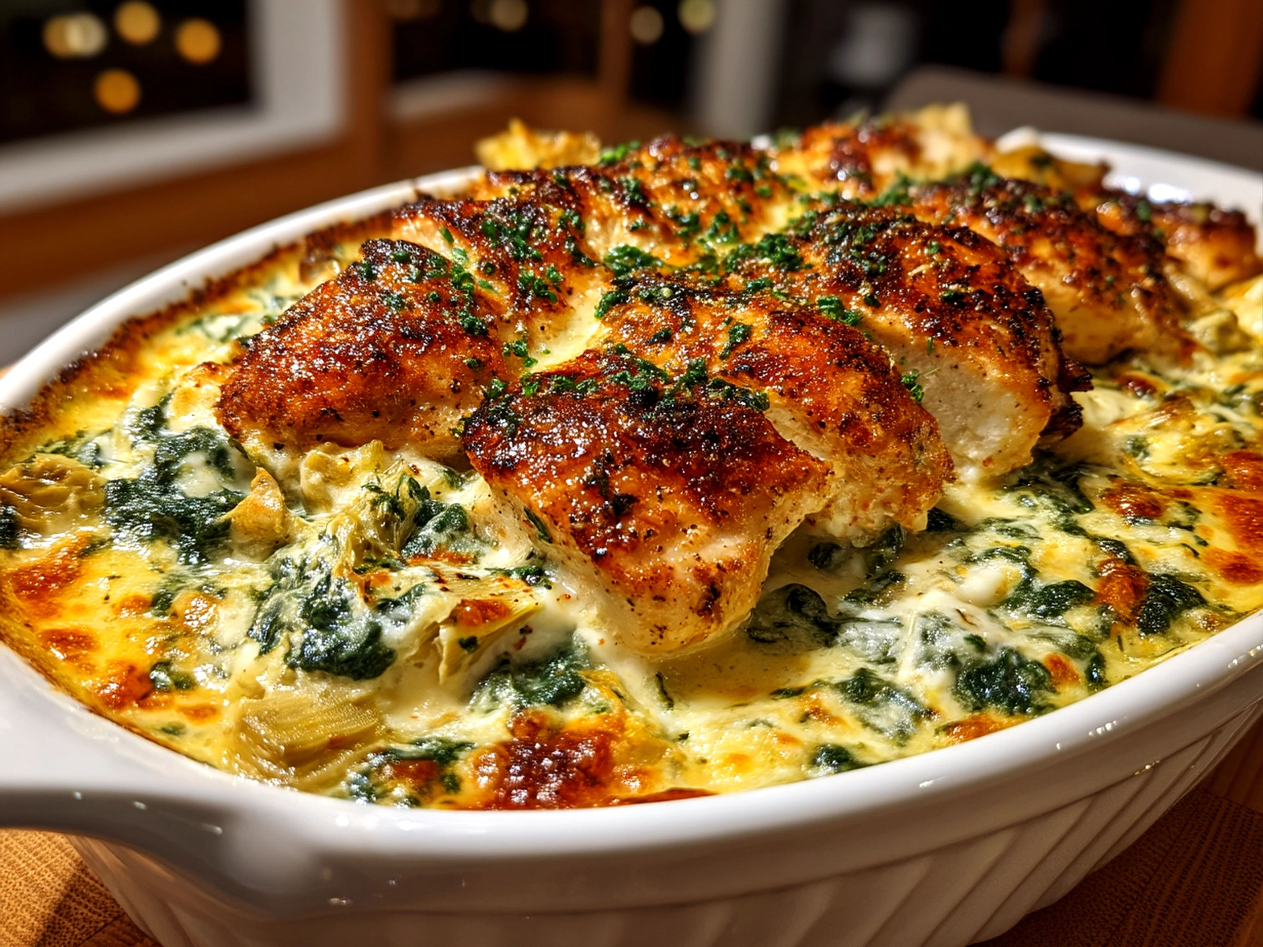 Served Spinach Artichoke Chicken Casserole on a plate ready to eat