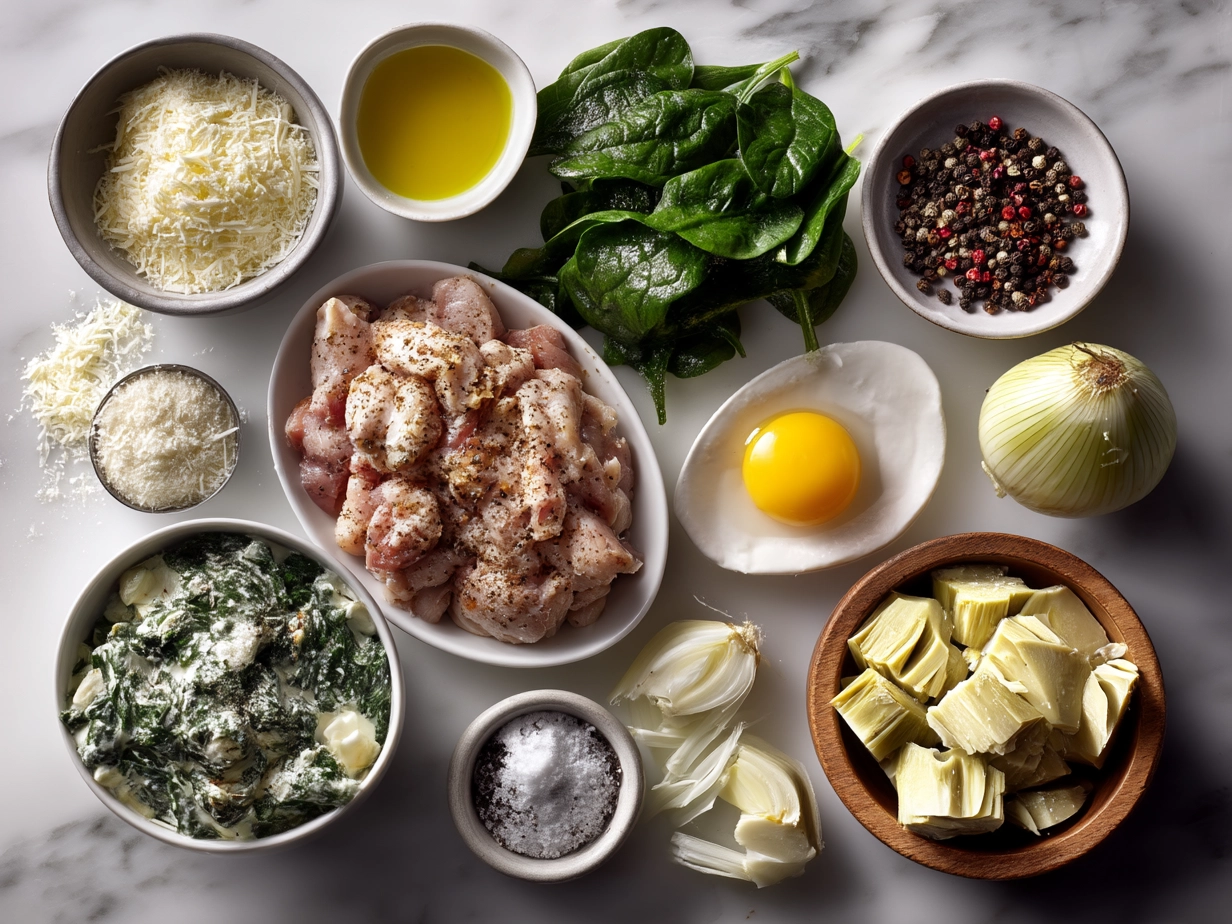 Ingredients for Spinach Artichoke Chicken Casserole on a kitchen counter