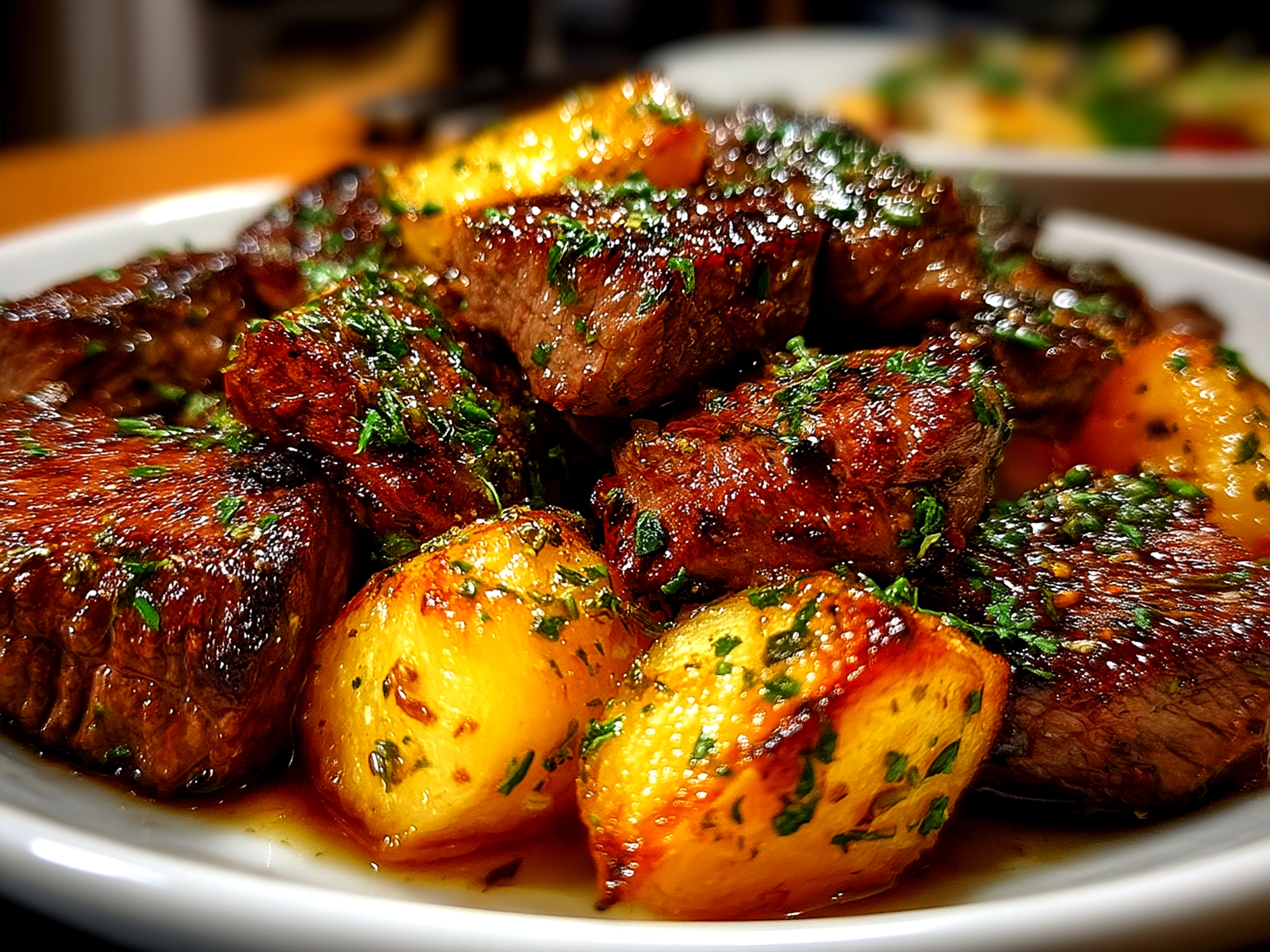 Creamy Steakhouse Potatoes Romanov served alongside grilled meat