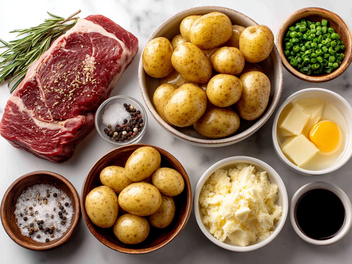 Ingredients for Steakhouse Potatoes Romanov including potatoes, cheese, onions, and dairy