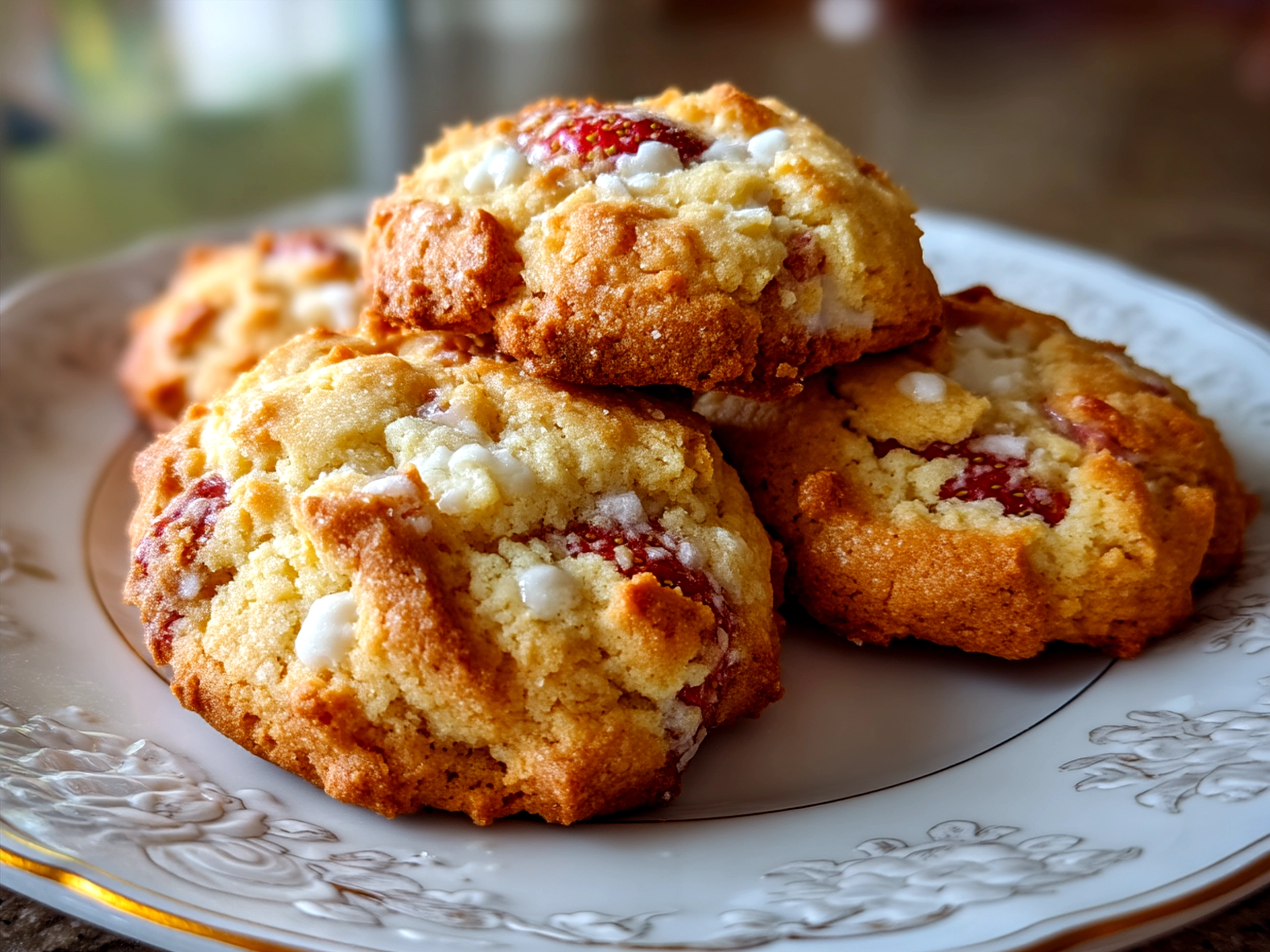 Freshly baked Strawberry Cake Mix Cookies served on a plate with a side of mint leaves
