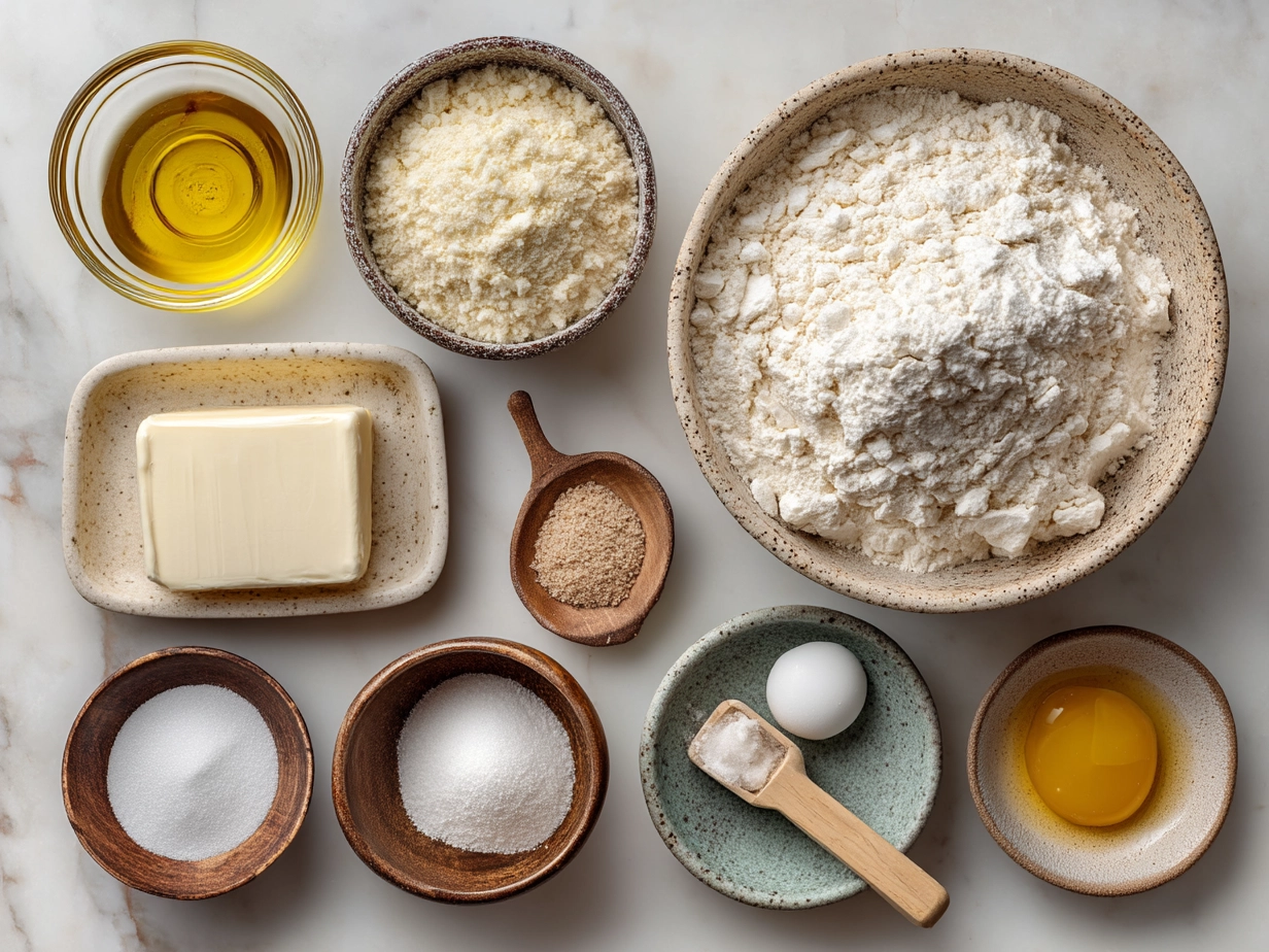 Ingredients for Strawberry Cake Mix Cookies laid out on a kitchen counter