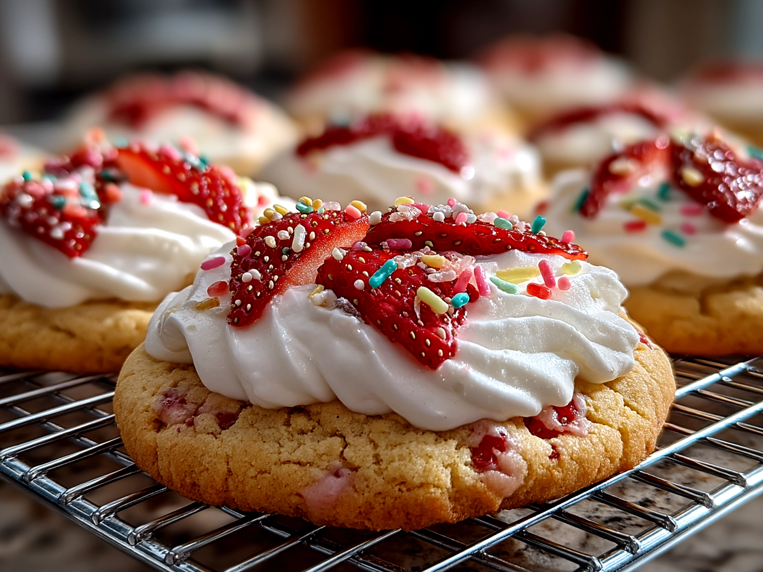 Final Strawberry Cool Whip Cookies served on a platter with fresh strawberry slices