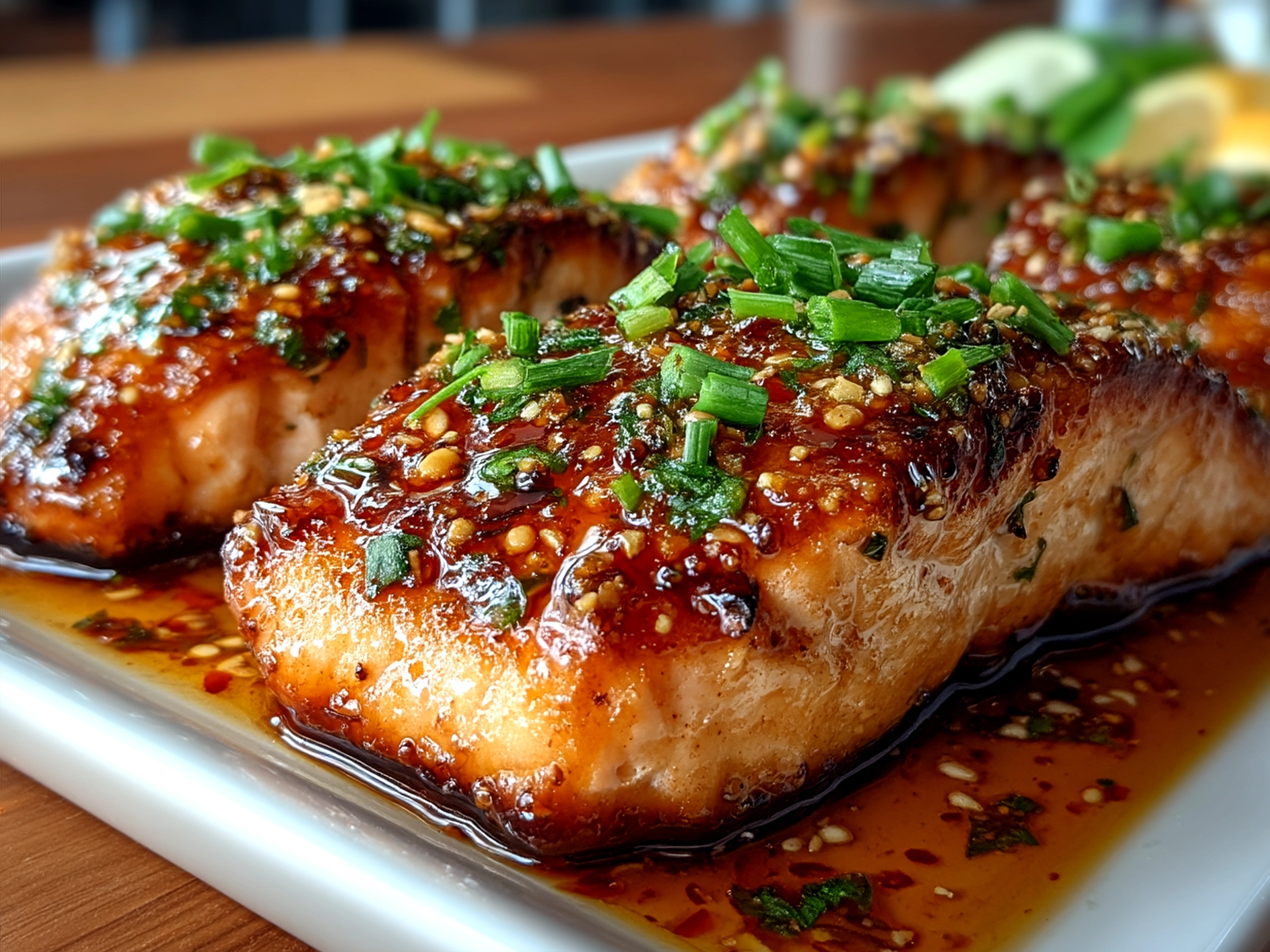 Sweet Chili Garlic Salmon served on a plate with sides, ready for family dinner
