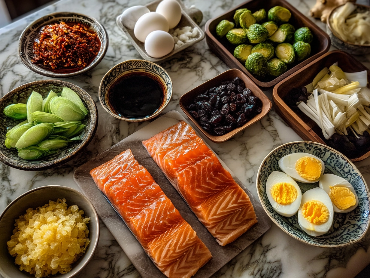 Ingredients for Sweet Chili Garlic Salmon including salmon fillets, sweet chili sauce, soy sauce, honey, and garlic