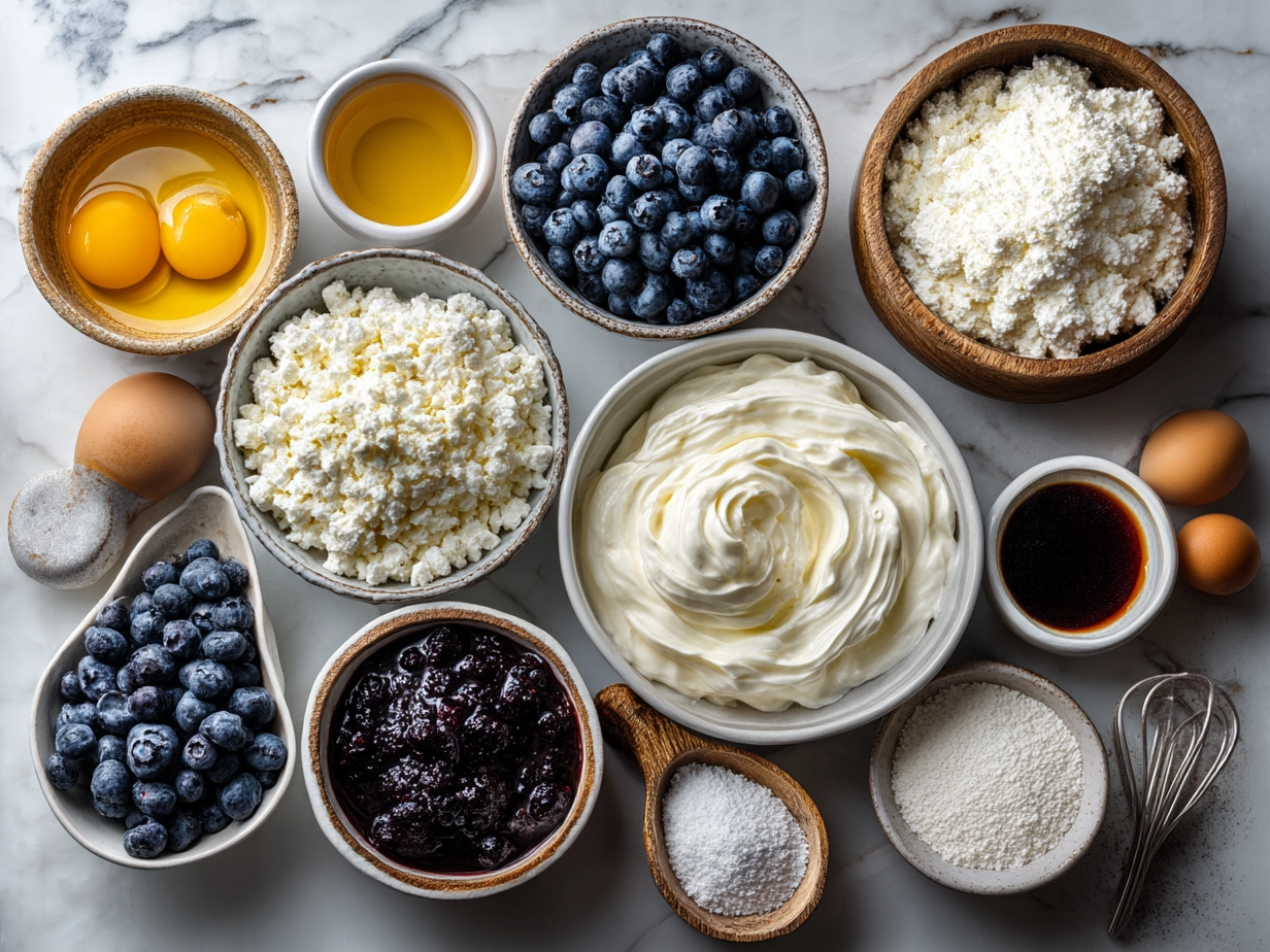 Ingredients for Cottage Cheese Blueberry Cloud Bread laid out on a table
