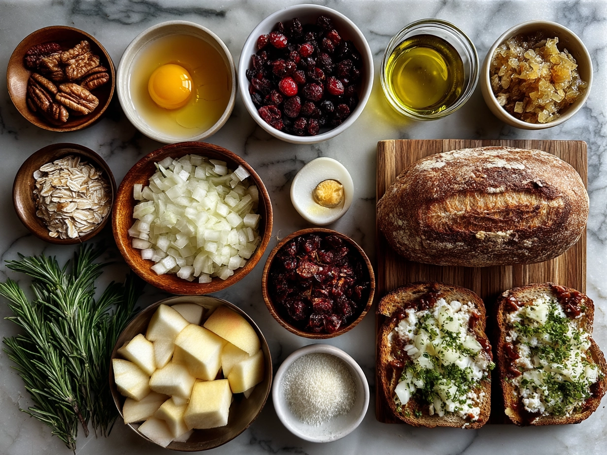 Raw ingredients for apple and cranberry grilled cheese laid out on marble surface