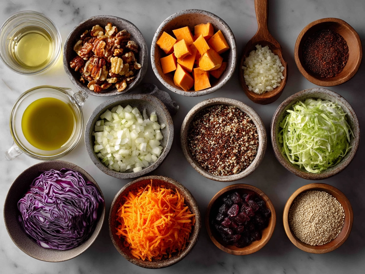 Raw ingredients for Apple Sweet Potato Quinoa Salad laid out on a table