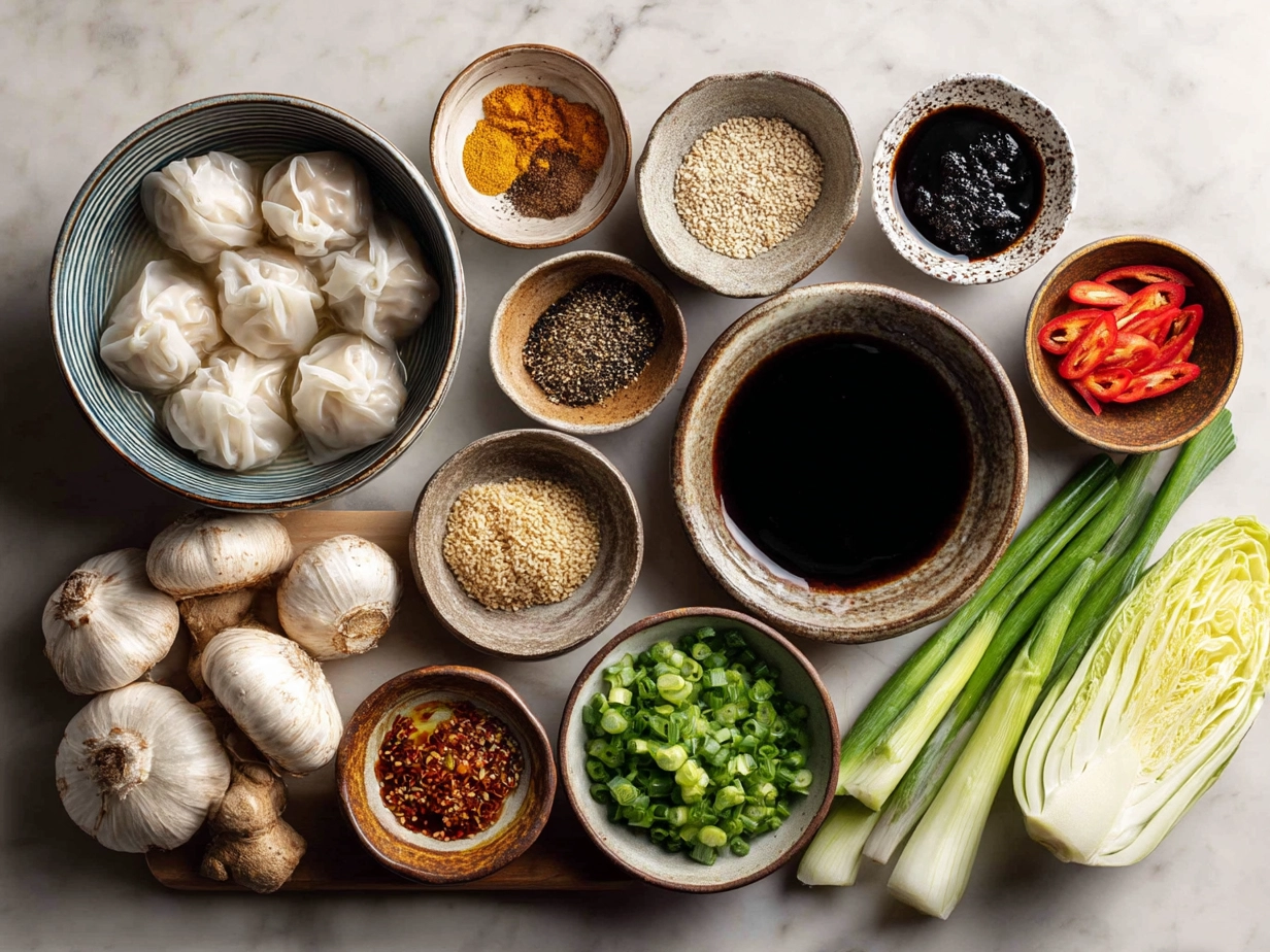 Top down view of raw ingredients for Asian wonton soup on marble surface