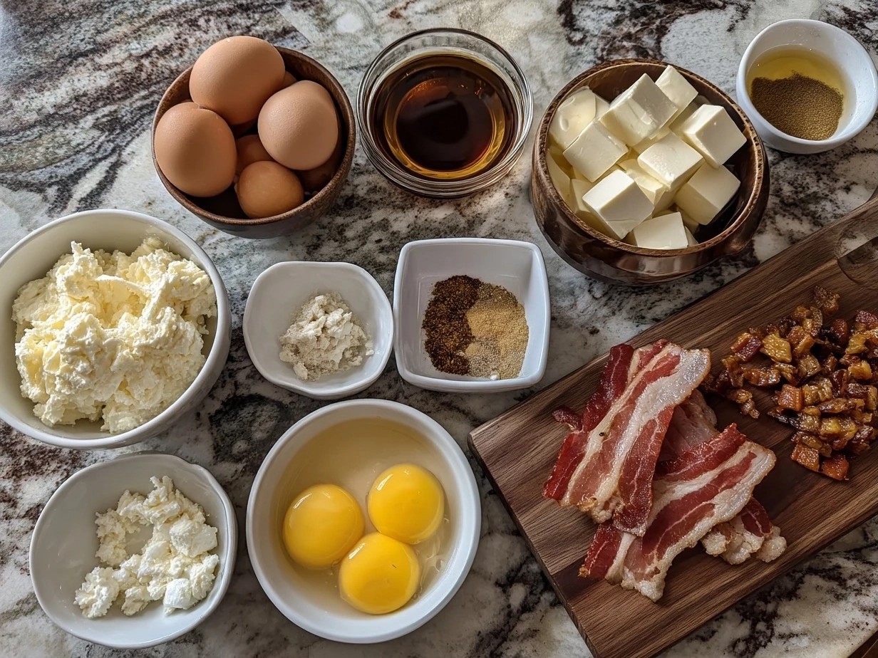 Raw ingredients for Bacon Cream Cheese Bagels laid out on marble