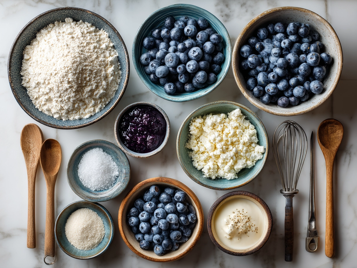 Top down view of raw ingredients for baked blueberry cottage cheese bowls on white marble