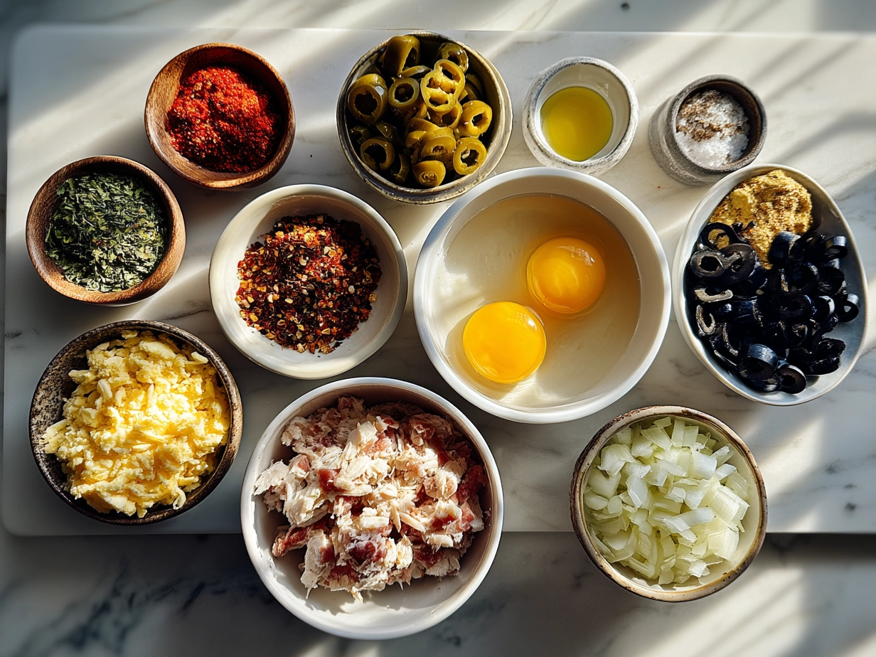 Raw ingredients for Baked Jalapeno Chicken Dip including shredded chicken, cream cheese, shredded cheddar, jalapenos, green onions, and bell peppers
