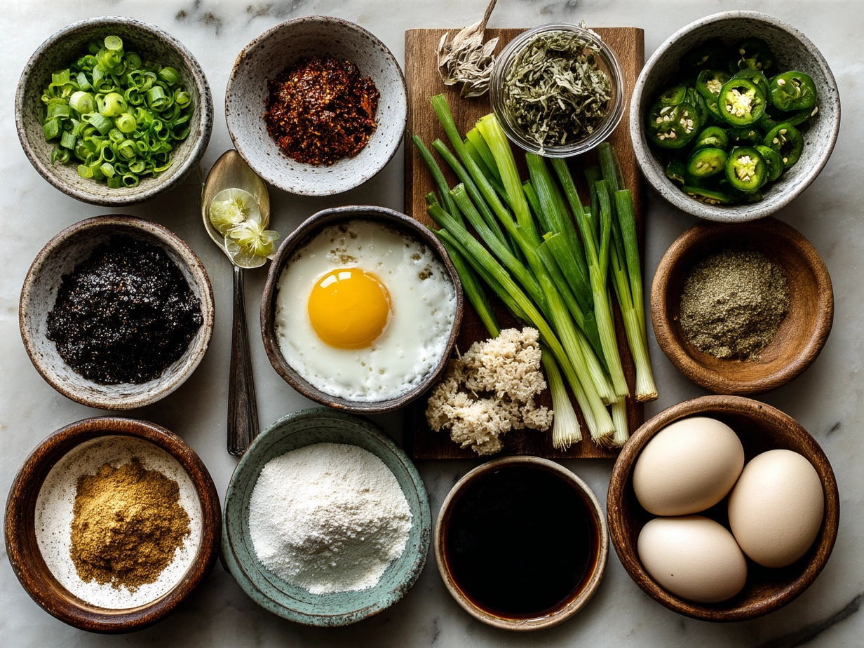 Raw ingredients for Bang Bang Fried Rice laid out on a marble surface