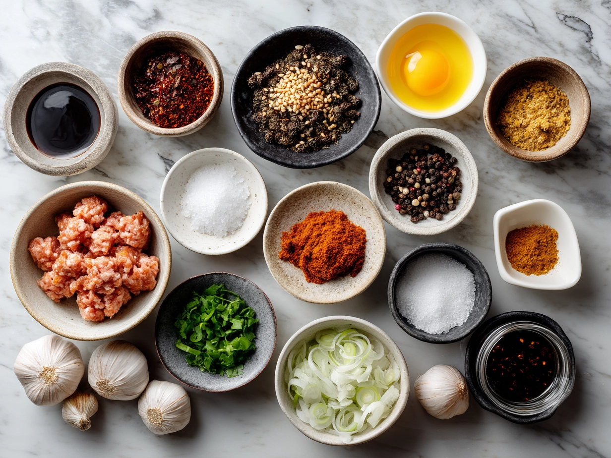Top-down view of raw ingredients for BBQ sausage bites on marble surface
