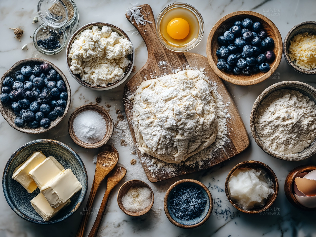 Top-down view of raw ingredients arranged for Blueberry Cheesecake Danish Sourdough Focaccia