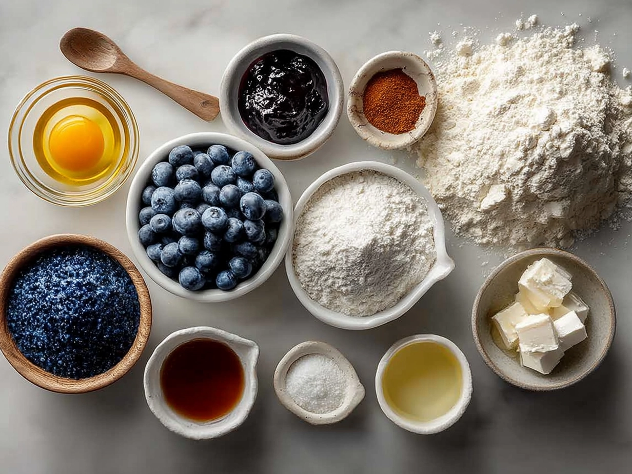Top down raw ingredients for Blueberry Coffee Cake on marble