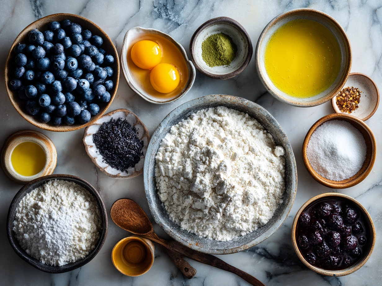 Top down view of raw ingredients for Blueberry Lemon Sourdough Babka including flour, eggs, blueberries, lemon zest, and sugar.