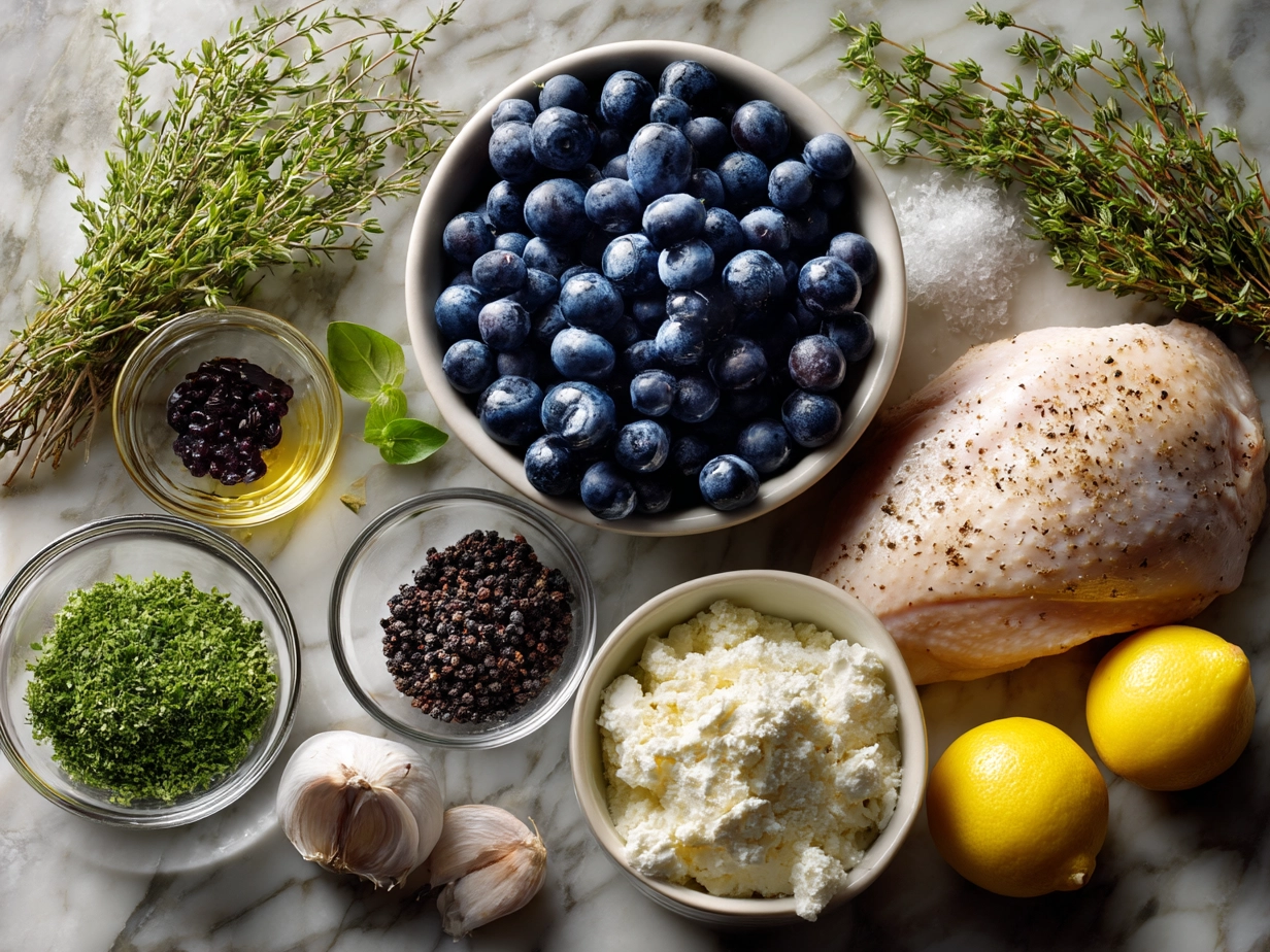 Raw ingredients for Blueberry Thyme Chicken on a marble surface