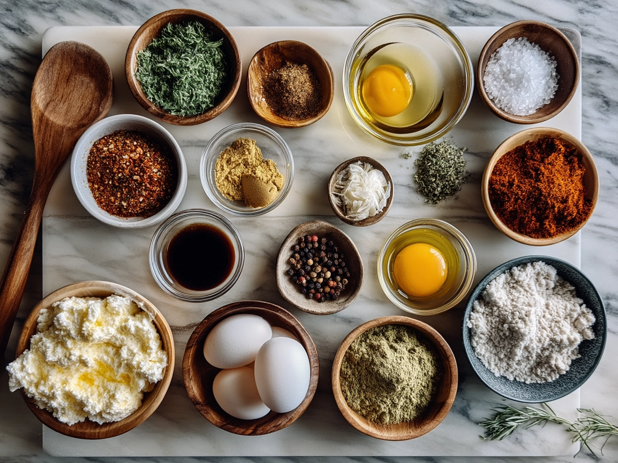 Top-down view of raw ingredients for Cajun Cream Sauce on marble surface