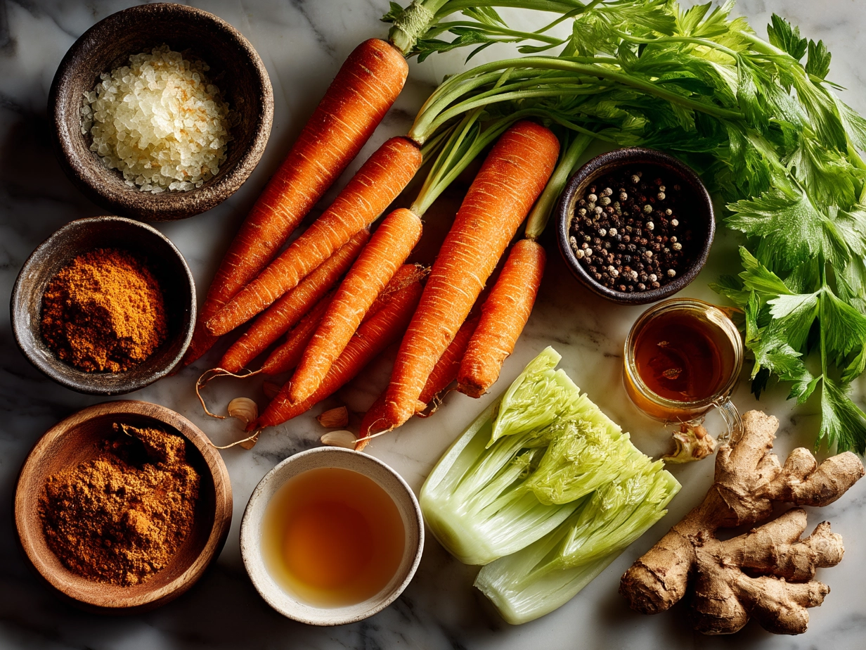 Raw ingredients for carrot and celery soup including carrots, celery, onion, garlic, and broth