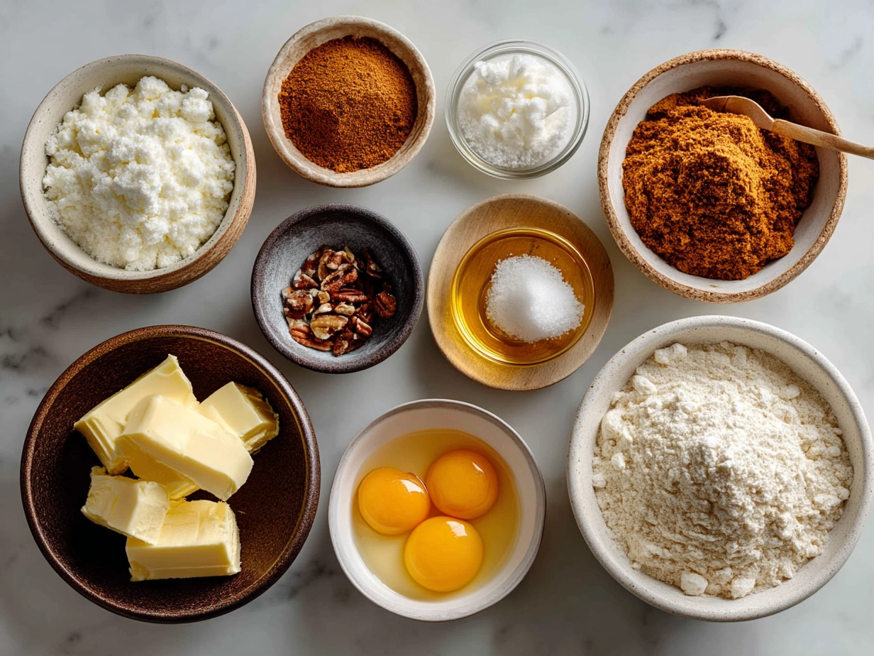 Raw ingredients for carrot cake arranged on a marble surface in an organized kitchen mise en place