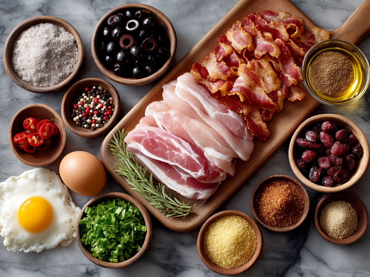 Top down view of raw ingredients for Chicken Bacon Wrap including chicken breasts, bacon, tortillas, lettuce, tomatoes, cheese, and Greek yogurt.