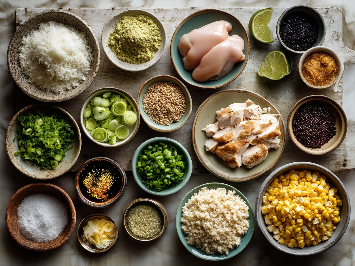 Raw ingredients for Chicken Rice Bowl with Street Corn laid out on a marble countertop with organized mise en place