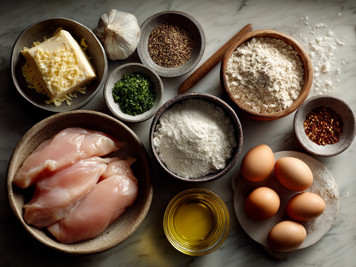 Top down raw ingredients for chicken tenders on marble countertop with modern kitchen organized mise en place