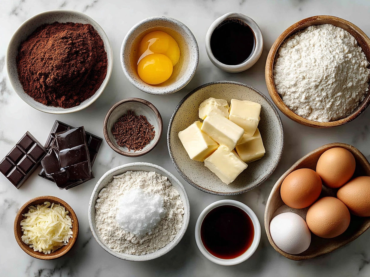 Top down raw ingredients for chocolate cake on marble. Modern kitchen organized mise en place.