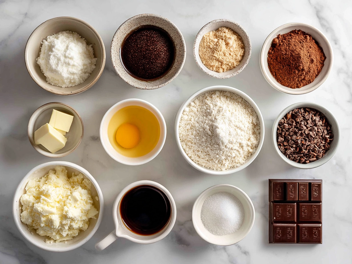 Top down raw ingredients for chocolate lava cake including chocolate, butter, almond flour, eggs, and sugar