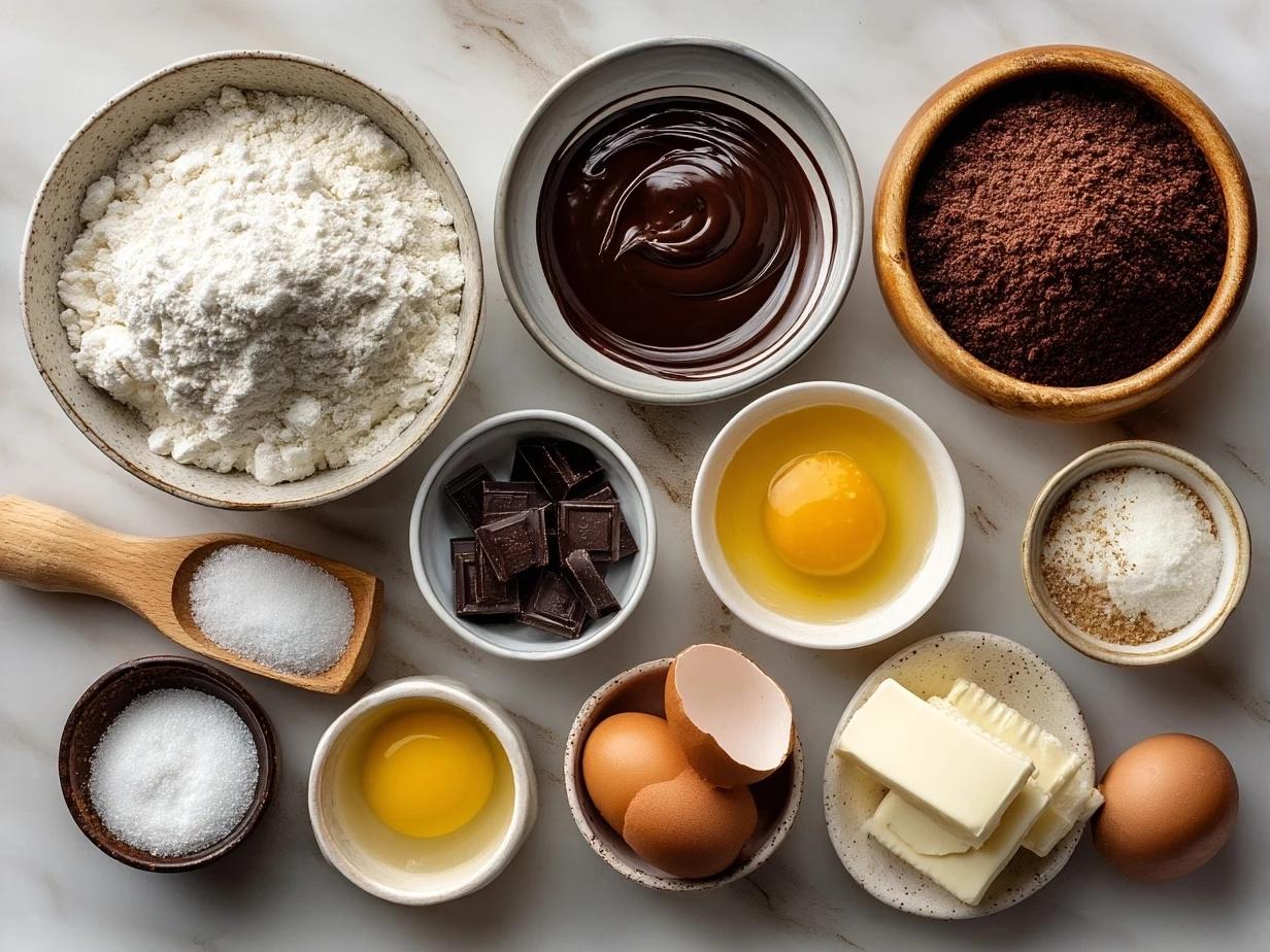 Raw ingredients for Chocolate Mousse Brownies on marble surface