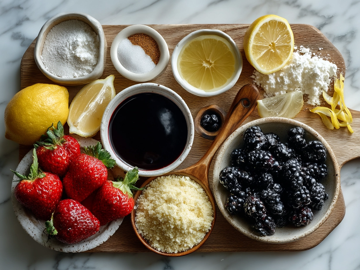 Ingredients for Citrus Berry Burnt Cheesecake including cream cheese, berries, lemon, and eggs