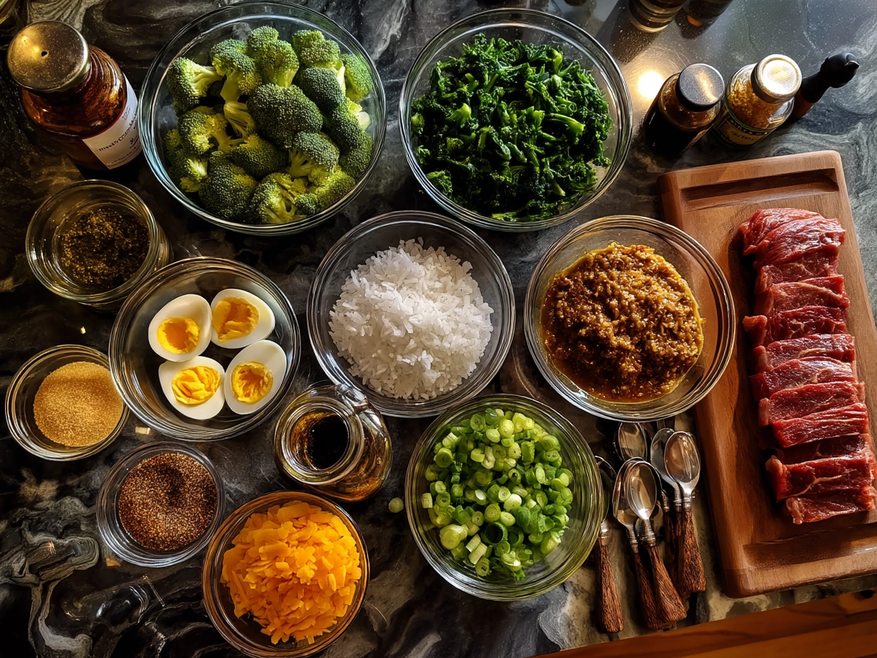 Ingredients for Copycat Longhorn Broccoli laid out on marble surface